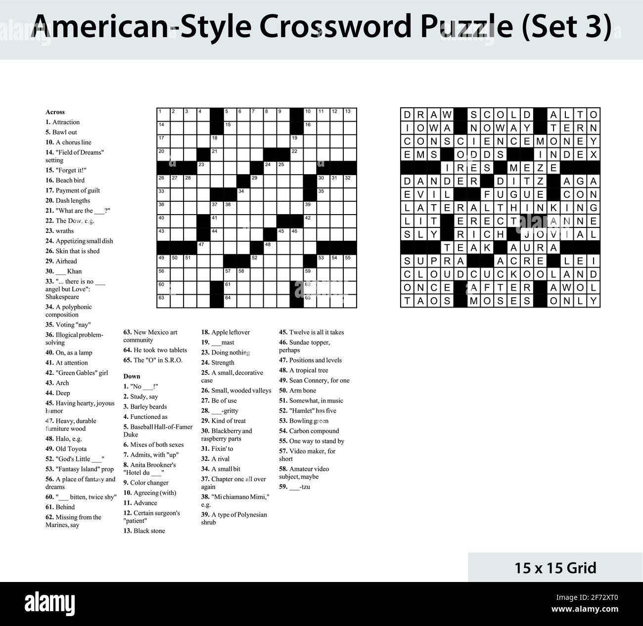 Crossword in stile americano con una griglia 15 x 15. Include griglia di crossword vuota, indizi e soluzione. Illustrazione Vettoriale