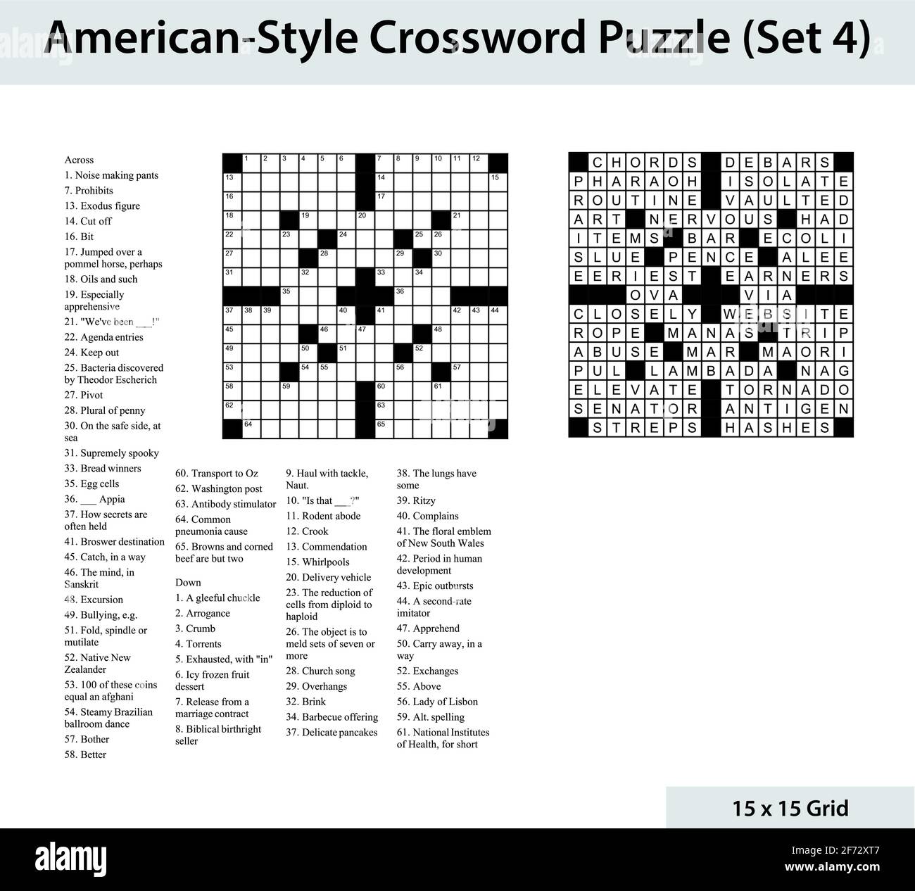 Crossword in stile americano con una griglia 15 x 15. Include griglia di crossword vuota, indizi e soluzione. Illustrazione Vettoriale