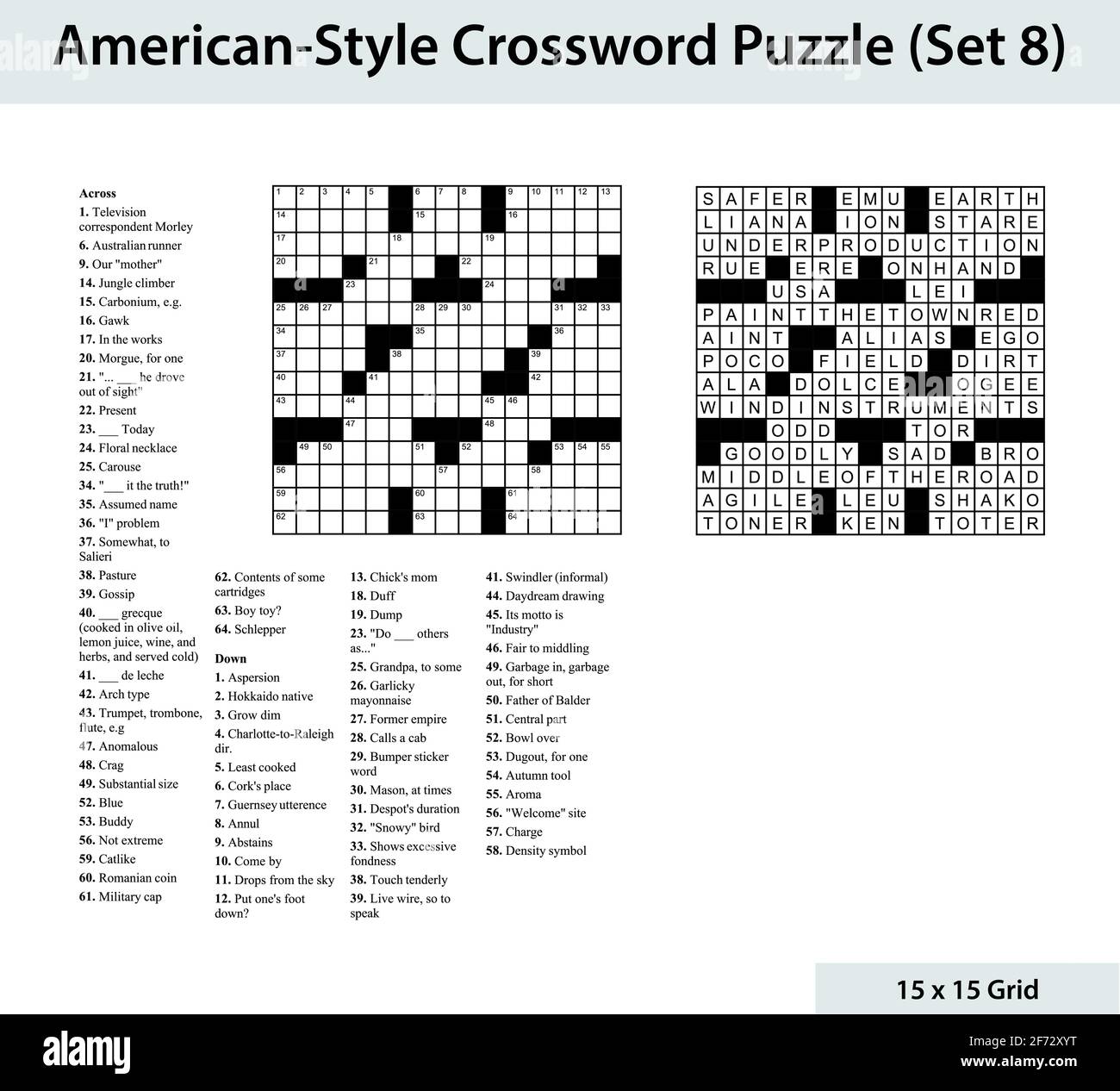 Crossword in stile americano con una griglia 15 x 15. Include griglia di crossword vuota, indizi e soluzione. Illustrazione Vettoriale
