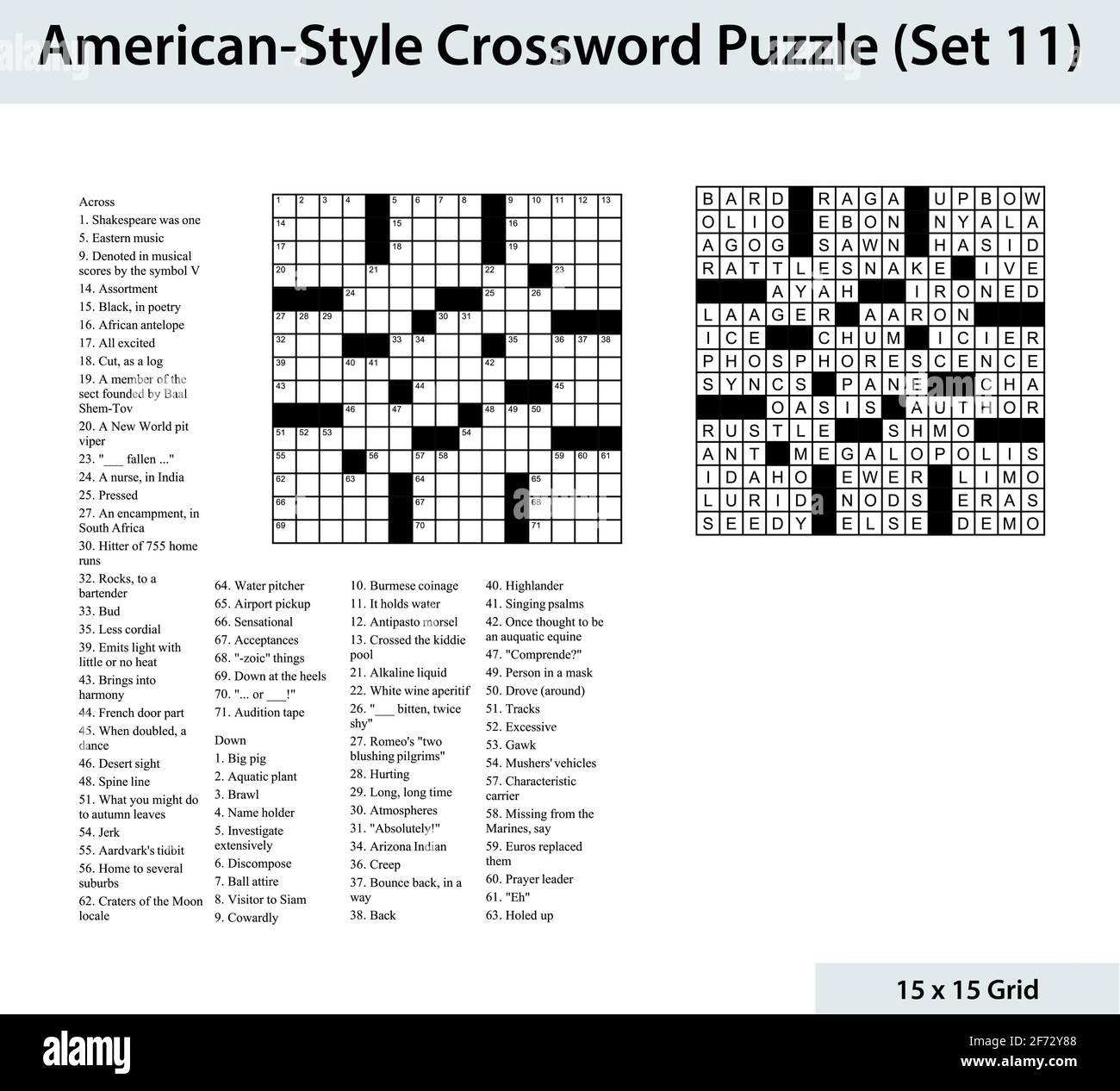 Crossword in stile americano con una griglia 15 x 15. Include griglia di crossword vuota, indizi e soluzione. Illustrazione Vettoriale