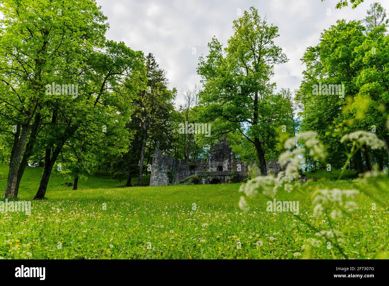 Baumgarten, un grande parco vicino Hohes Schloss a Fuessen, rovine di castello distrutto. 26 maggio 2019 Fuessen, Germania - Hohes Schloss Foto Stock