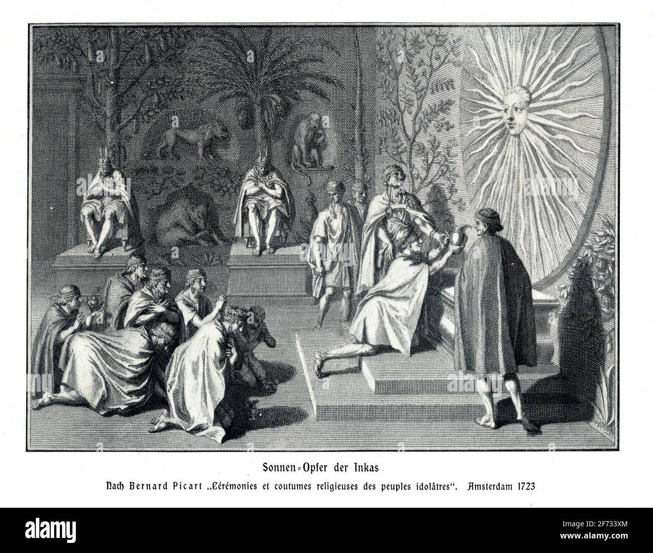 Sonenopfer der Inkas, dopo Bernrd Bicart Ceremonie et coutumes religieuses des peuples idolatres dal 1723 Foto Stock