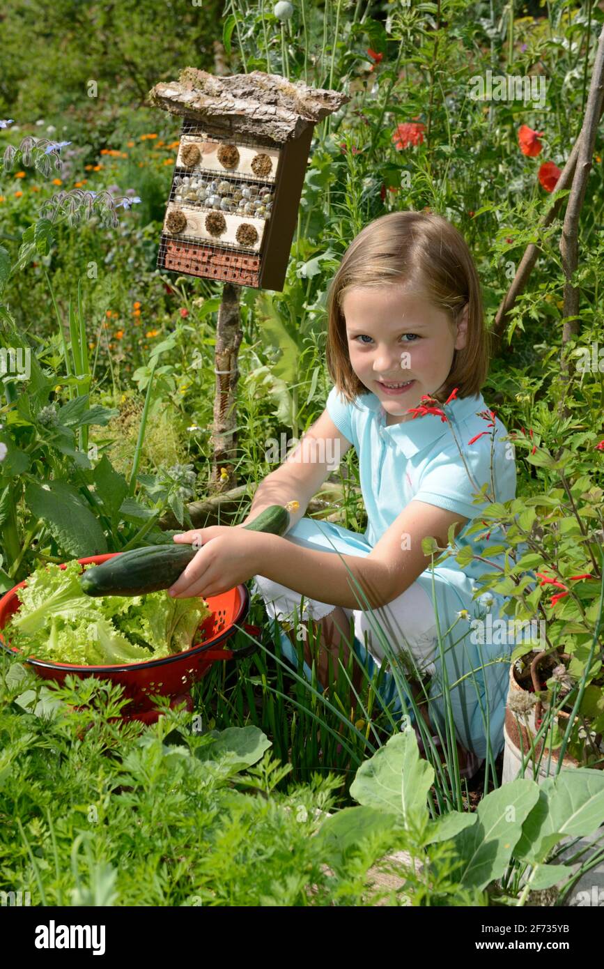 Ragazza con cetriolo, in giardino naturale Foto Stock