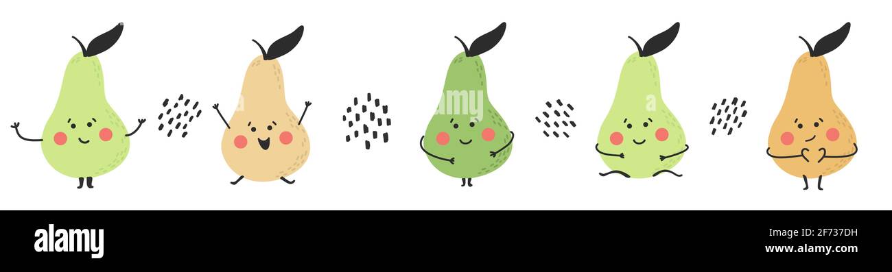 Set di pere felici e divertenti disegnate a mano. Carattere allegro e infantile. Raccolta di frutta sana. Dolce e gustoso. Illustrazione vettoriale su sfondo bianco Illustrazione Vettoriale