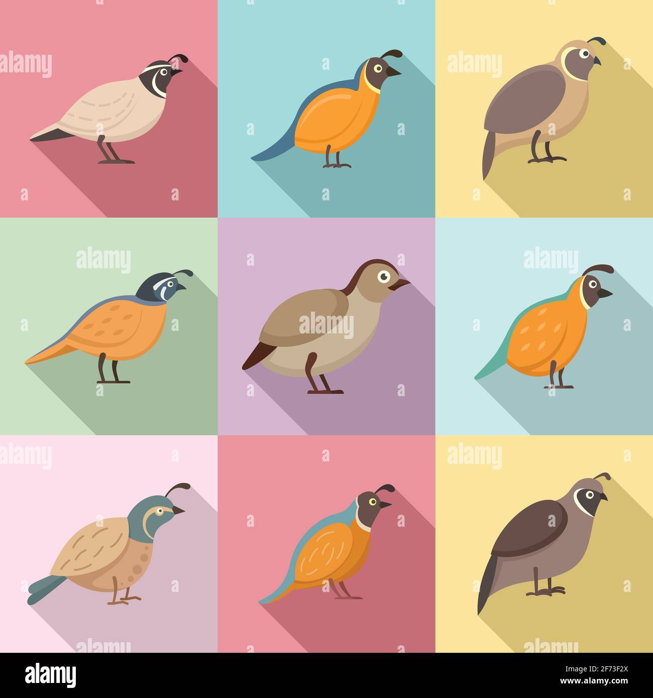 Set di icone Quail, stile piatto Illustrazione Vettoriale
