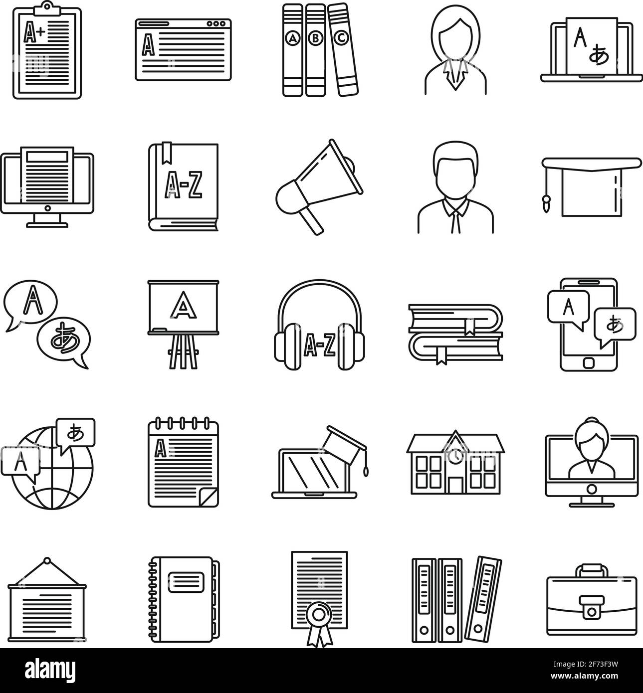Set di icone moderne per insegnanti di lingua straniera, stile outline Illustrazione Vettoriale