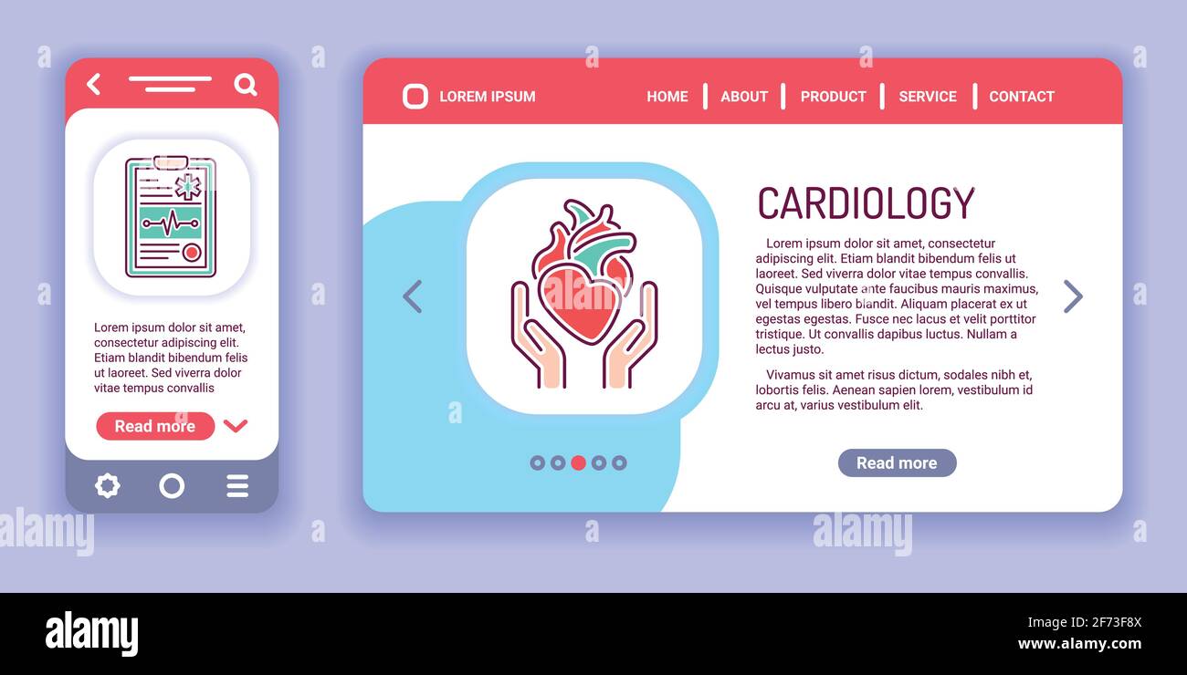 Banner Web per cardiologia e kit app mobile. Sistema cardiovascolare di assistenza sanitaria. Illustrazione Vettoriale