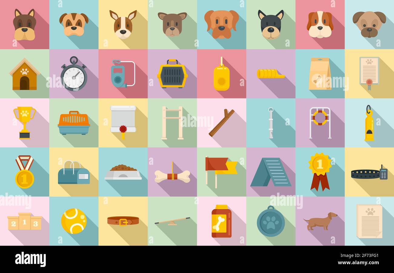Set di icone per movimentatori di cani, stile piatto Illustrazione Vettoriale