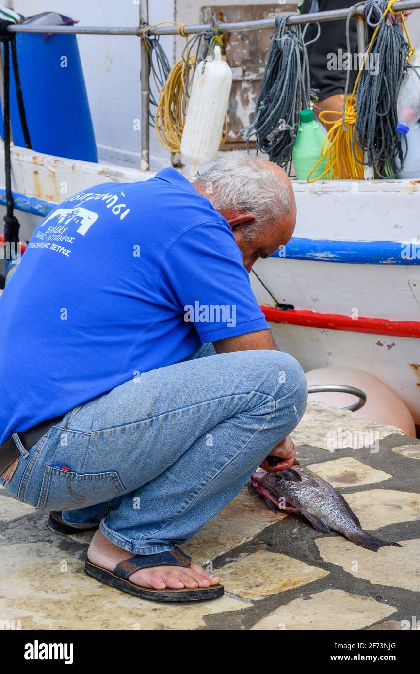 Antiparos, Grecia - 28 settembre 2020: Il pescatore greco fa un pesce fresco pescato nel porto di Antiparos Foto Stock