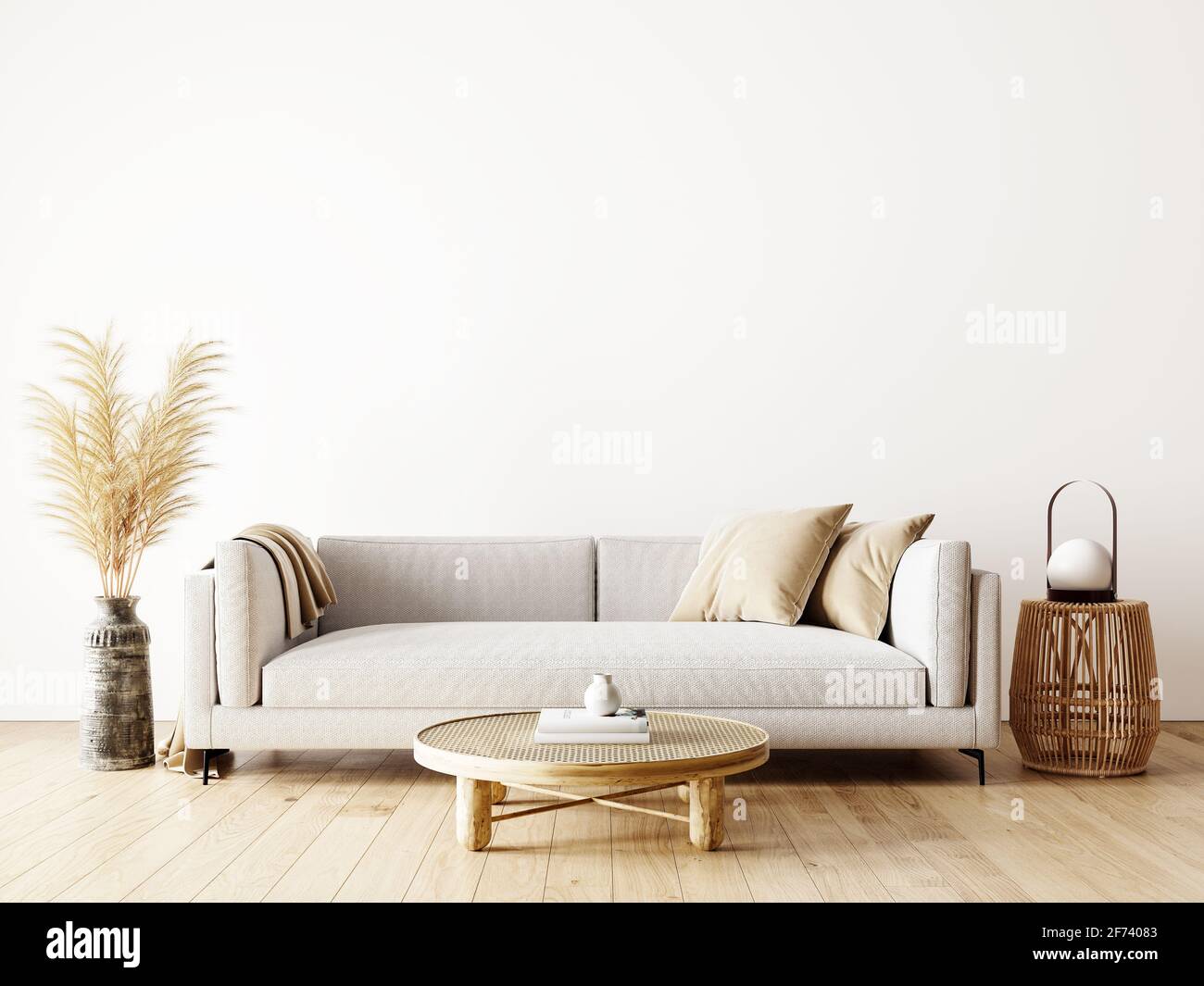 Design moderno degli interni del soggiorno in colori naturali con decorazione a piante secche e bianco vuoto mock up parete sfondo 3D Render, illustrazione 3D Foto Stock
