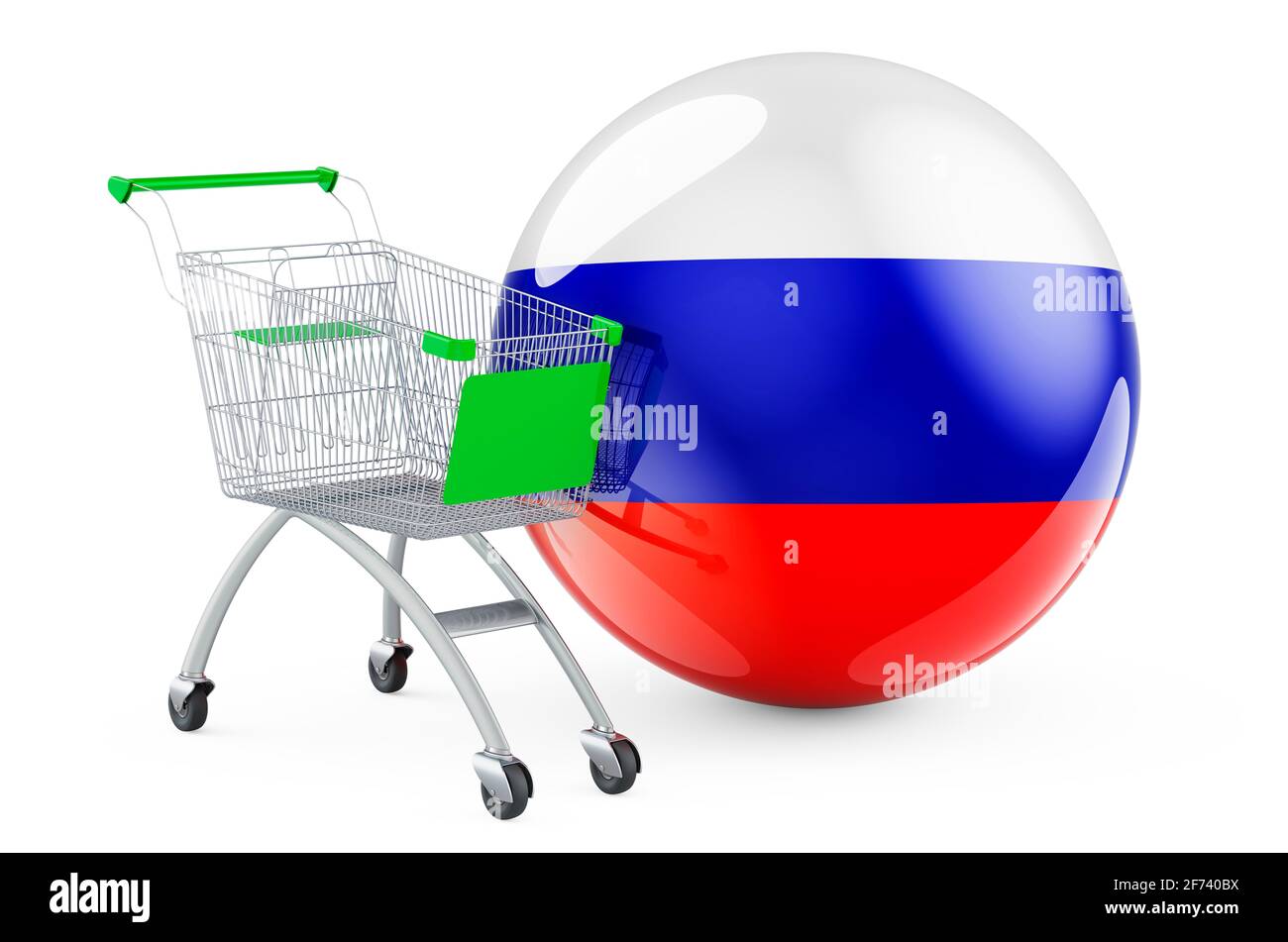 Carrello con bandiera russa. Shopping in Russia concetto. Rendering 3D isolato su sfondo bianco Foto Stock