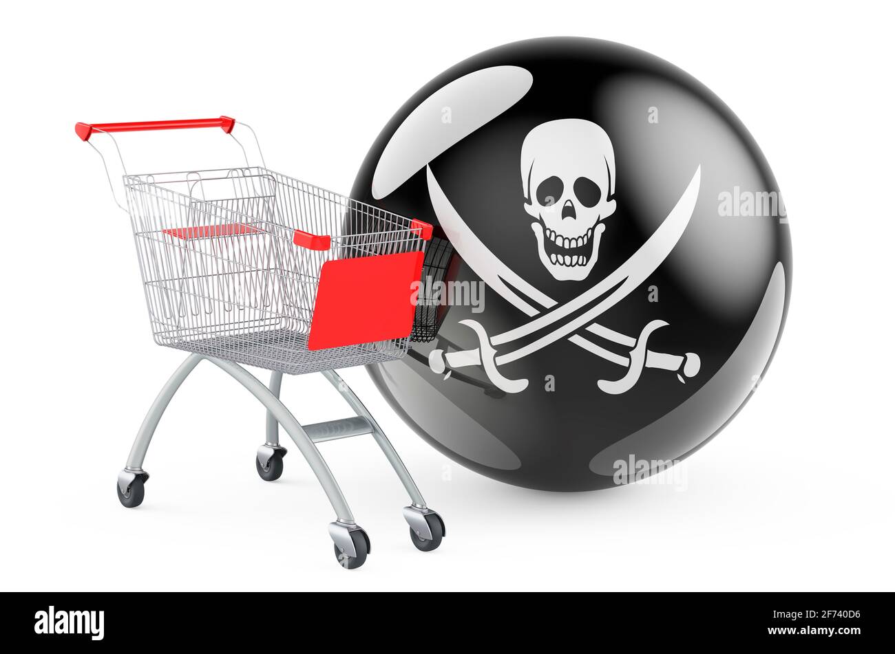 Carrello con bandiera pirateria, rendering 3D isolato su sfondo bianco Foto Stock