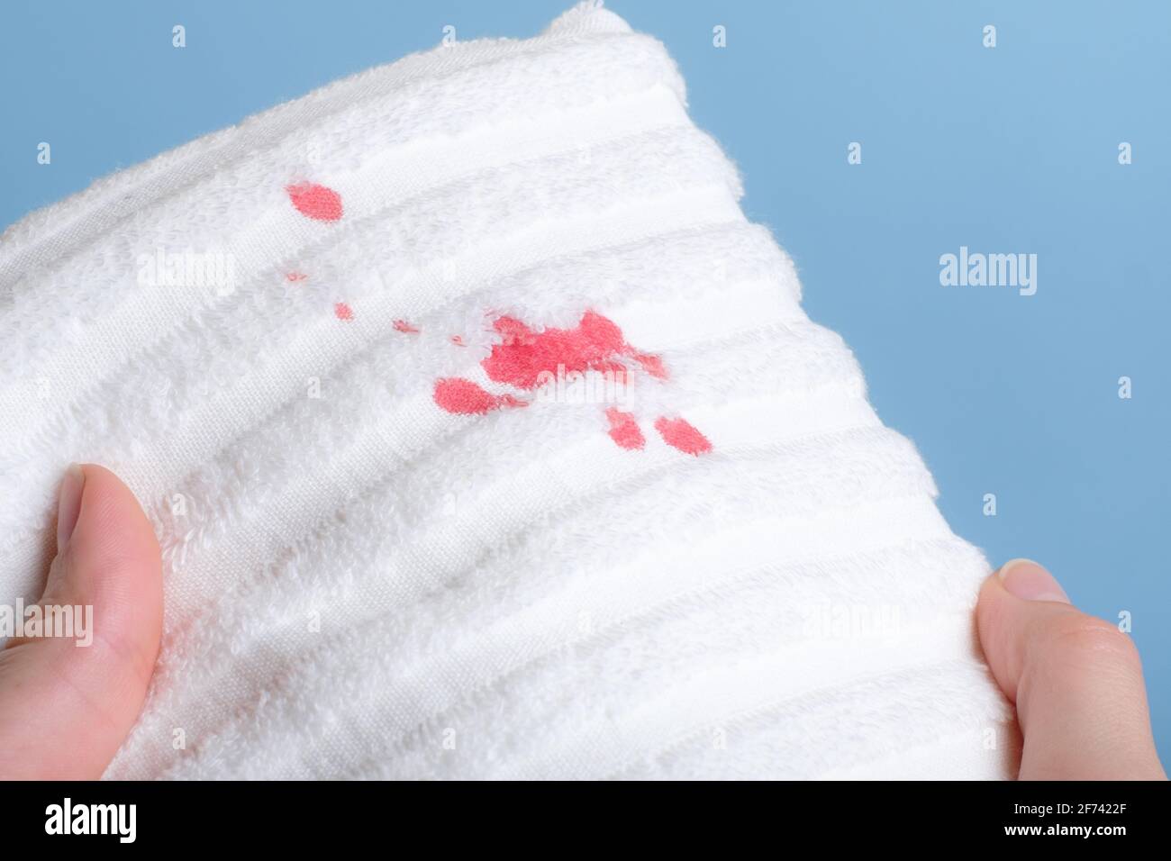 Mani che tengono un asciugamano con macchie di sangue. Vita quotidiana macchia sporca per lavaggio e pulizia concetto Foto Stock