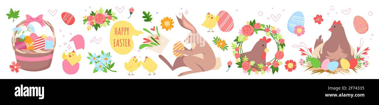 Carino insieme di pasqua, divertente collezione di primavera con animale conigliato, gallina nel nido, cesto con uova Illustrazione Vettoriale