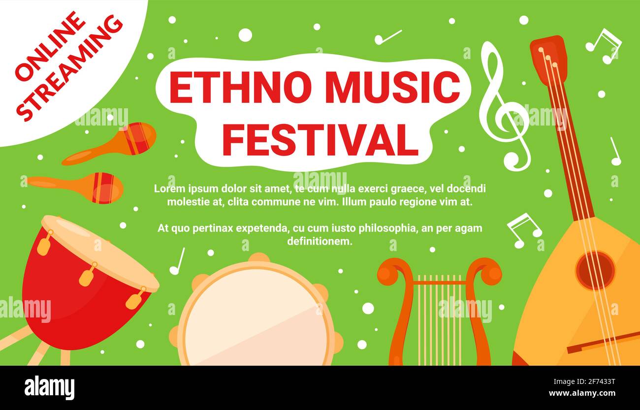 Ethno music art festival event flyer, tradizionale strumento di percussione etnica, tamburo folk Illustrazione Vettoriale