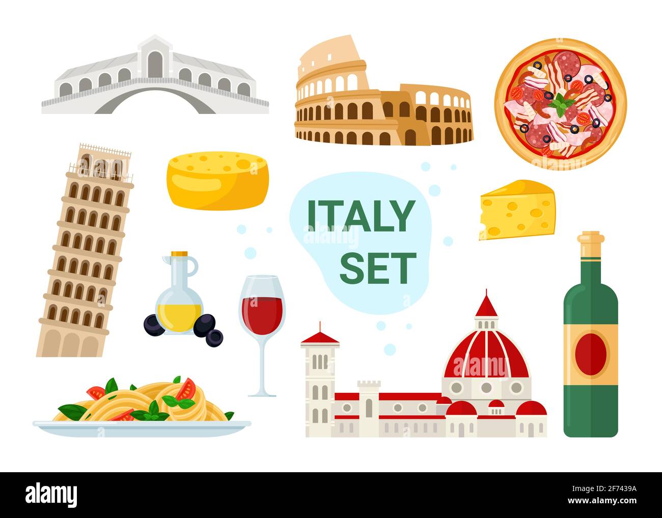 Il turismo italiano è un set con il famoso menù italiano di cibi e bevande, antico punto di riferimento per i viaggi Illustrazione Vettoriale