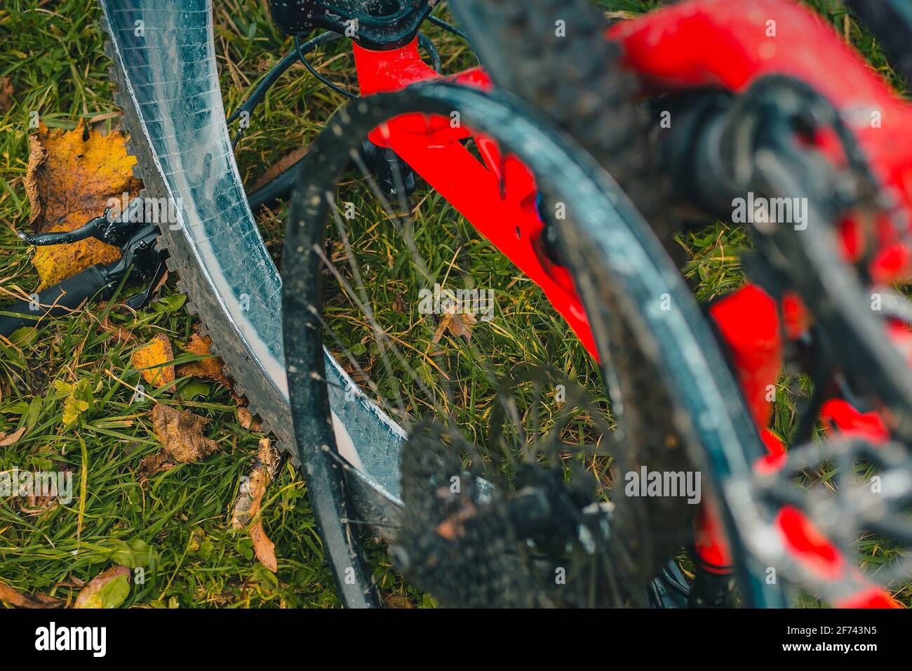 Difetto sulla mountain bike - pneumatico sgonfio di una configurazione tubeless che espone il latte bianco o il sigillante di un pneumatico mtb. Foto Stock