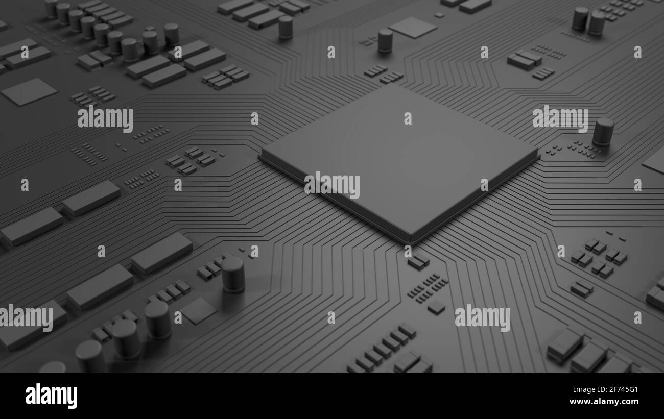 Chip grigio scuro sulla scheda a circuito stampato. Scheda madre per computer con CPU. Background tecnologico. illustrazione 3d. Foto Stock