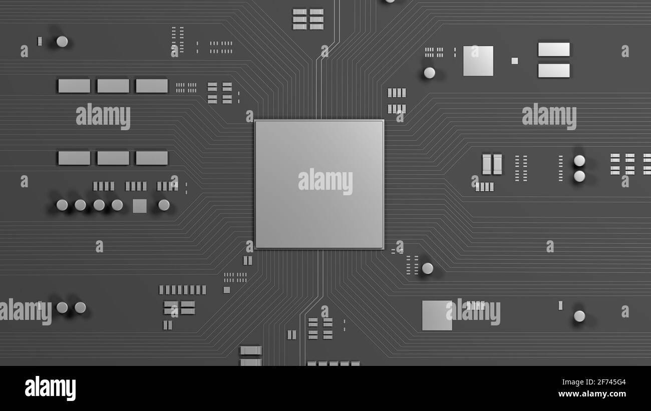 Chip grigio scuro sulla scheda a circuito stampato. Scheda madre per computer con CPU. Background tecnologico. illustrazione 3d. Foto Stock