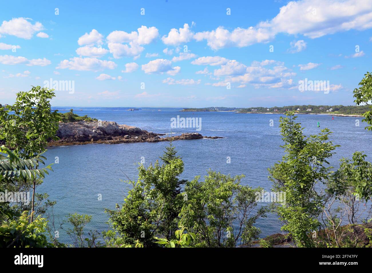 Vista turistica dell'oceano baia di Danforth insenatura da Fort Williams Park scogliera bordo con sporgenza rocciosa, il confine dell'albero, le isole di Portland nuvole soffici all'orizzonte Foto Stock