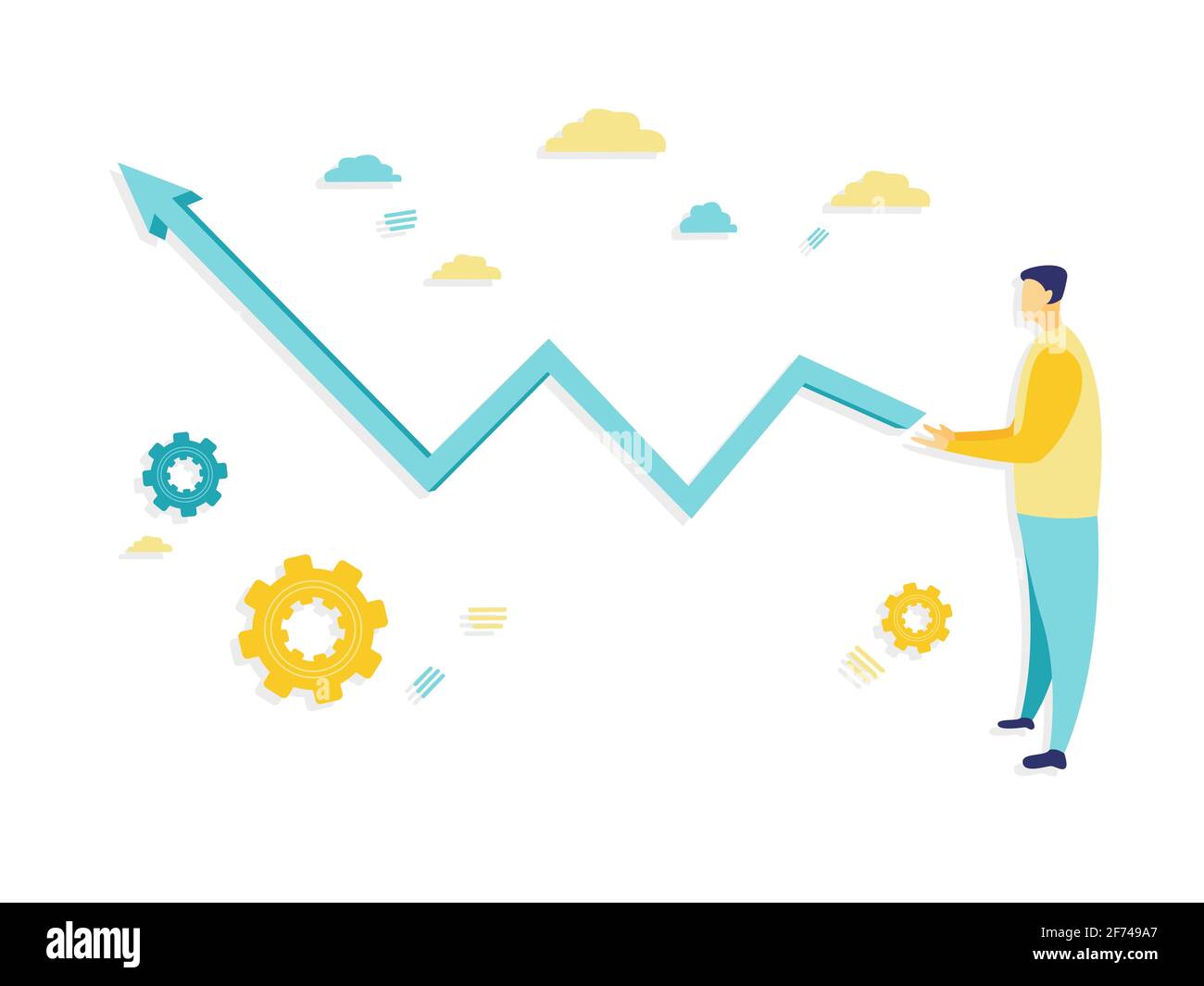 Illustrazione piatta di grafico di linea rossa enorme con una freccia rivolta verso l'alto che cresce da un uomo d'affari che genera il successo. Concetti di business e finanza. Illustrazione Vettoriale