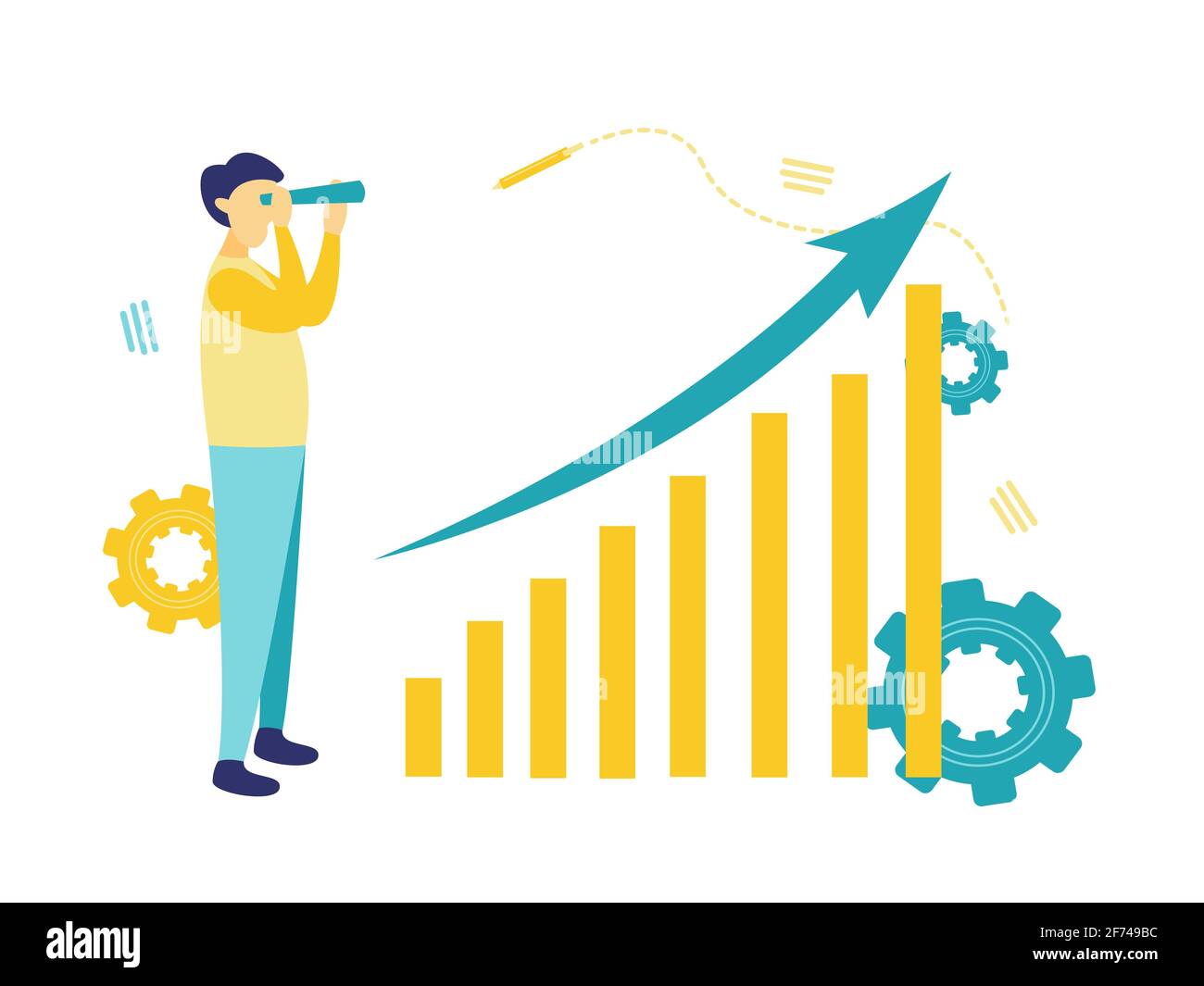 Illustrazione piatta, un uomo che guarda avanti usando i binocoli per vedere le occasioni per il progresso di affari. In blu e giallo. Illustrazione Vettoriale Illustrazione piatta, un uomo che guarda avanti usando i binocoli per vedere le occasioni per il progresso di affari. In blu e giallo. Illustrazione Vettoriale