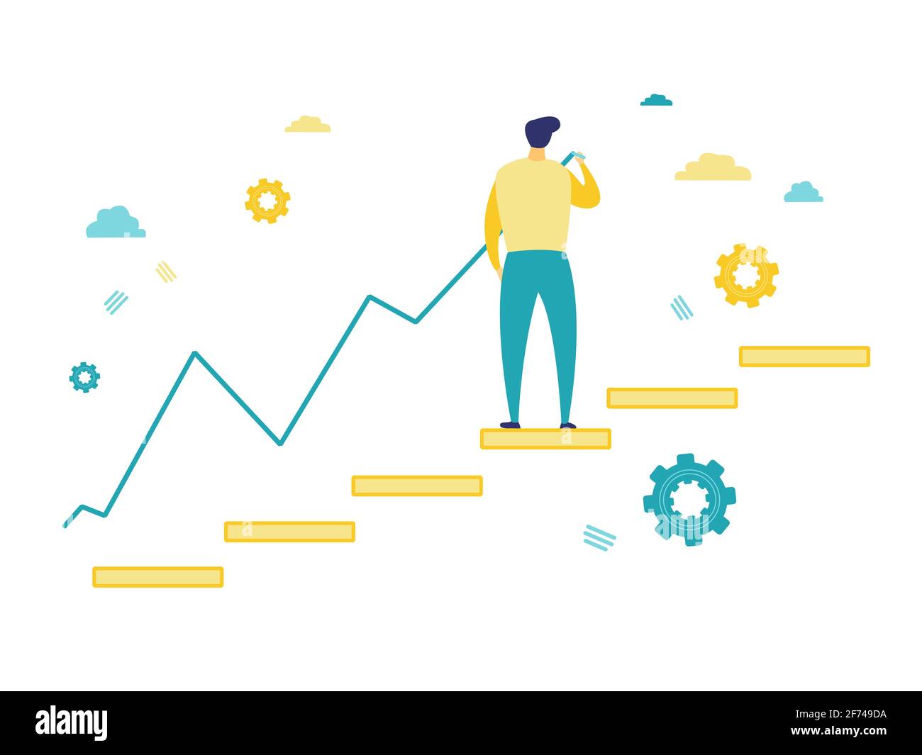 Illustrazione piatta di un uomo d'affari in piedi disegno in blu grafico a colori. Semplice illustrazione dei concetti di business e finanziari. Illustrazione Vettoriale