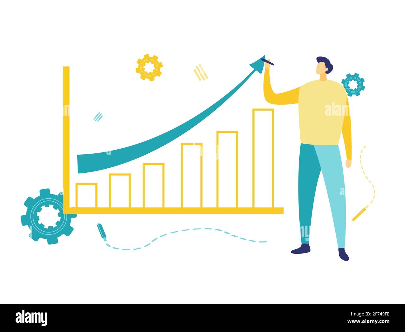 Illustrazione piatta uomo d'affari disegno grafico blu in blu e giallo su sfondo bianco. Simbolo del business per andare avanti. Illustrazione Vettoriale