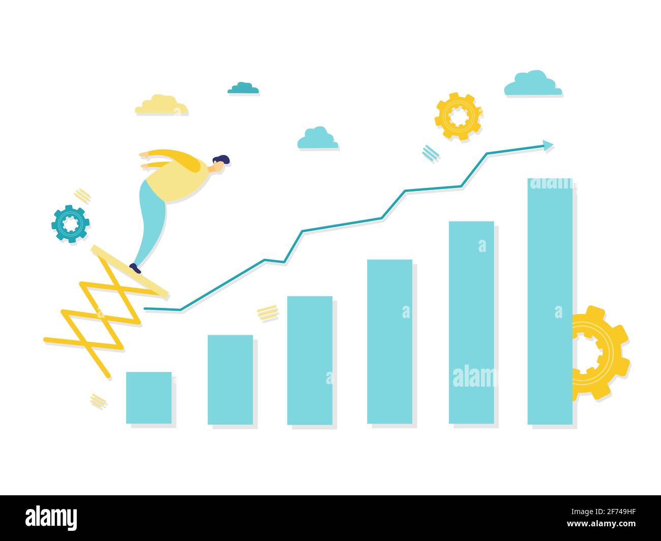 Illustrazione piatta di businessman che salta sulla springboard come concetto di progresso con un grafico a barre. Concetti di business e finanza. Illustrazione Vettoriale