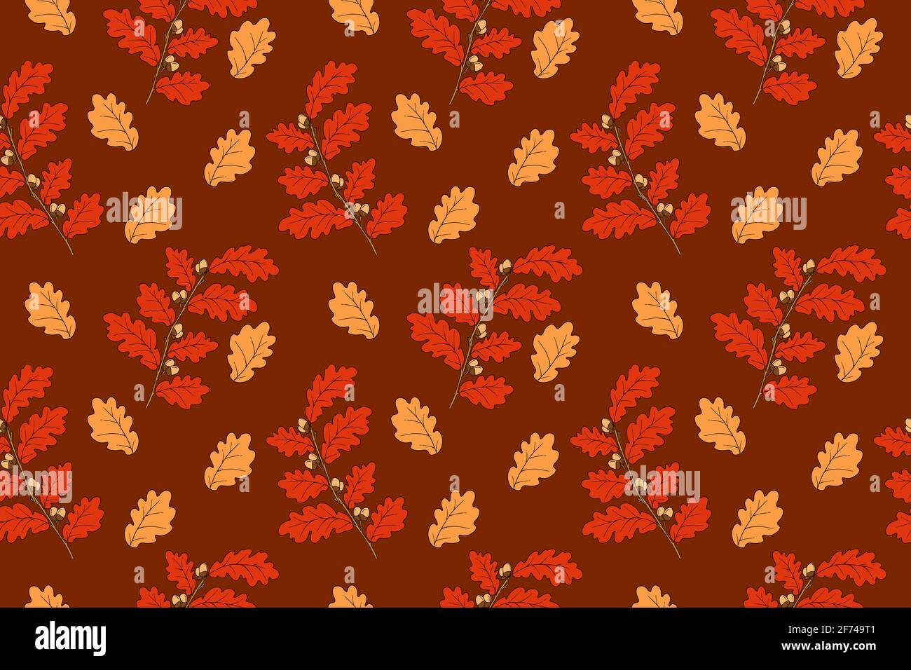 Disegnare a mano rami di quercia con ghiande in una tavolozza profonda autunno. Modello vettoriale senza cuciture in autunno. Struttura fogliare rossa Illustrazione Vettoriale
