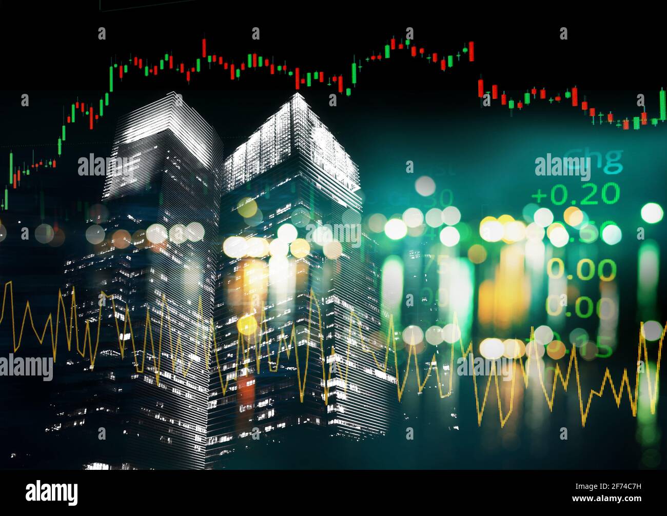 grafico a candela linea di mercato azionario e indice di commercio numero su glow city edificio leggero business background Foto Stock