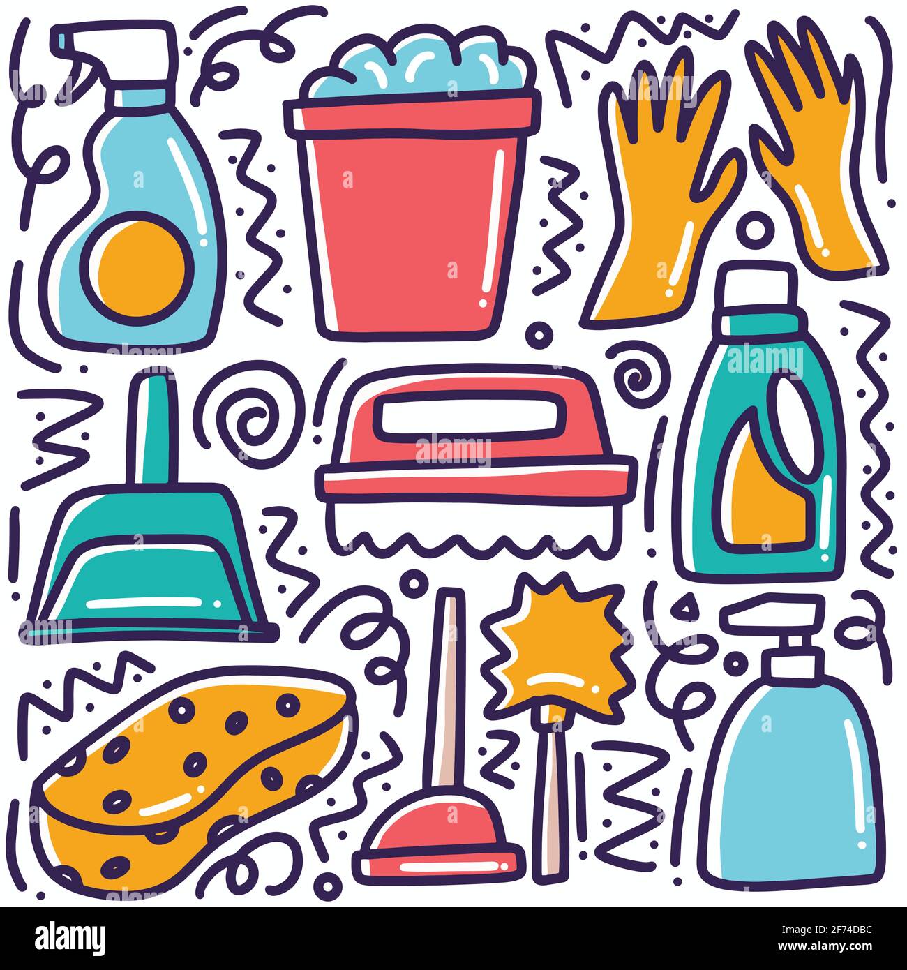 doodle set di utensili per la pulizia disegno a mano Illustrazione Vettoriale