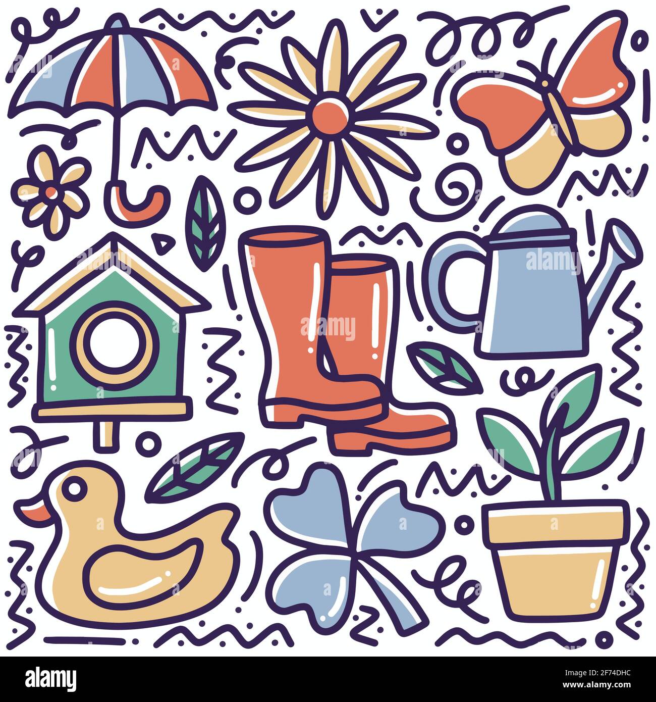 doodle set di tempo di primavera tirato a mano Illustrazione Vettoriale