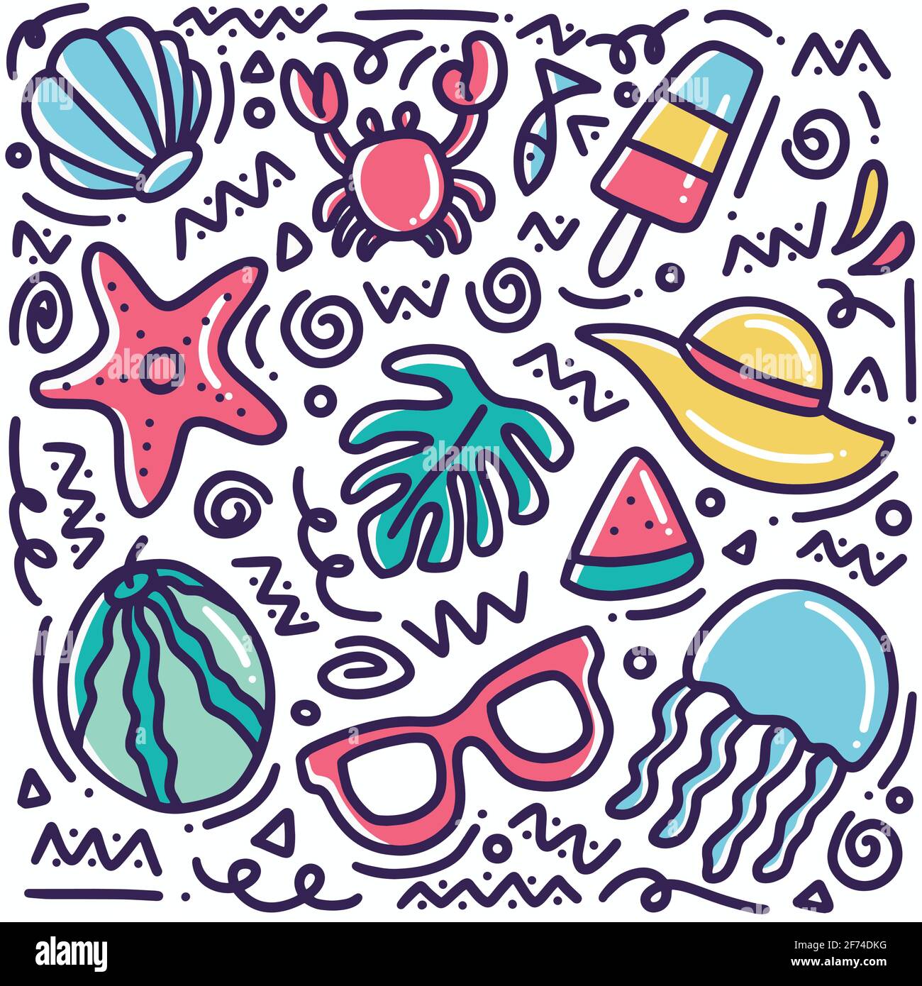 set di doodle da spiaggia disegnati a mano Illustrazione Vettoriale
