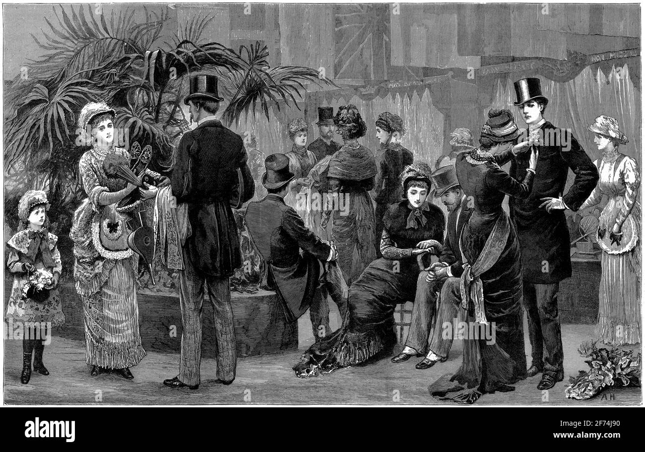 Incisione di una folla ha raccolto il bazaar di fantasia per raccogliere fondi per l'ospedale nazionale per le malattie del torace, Vintner, Inghilterra; dal giornale grafico 28 giugno 1879. Foto Stock