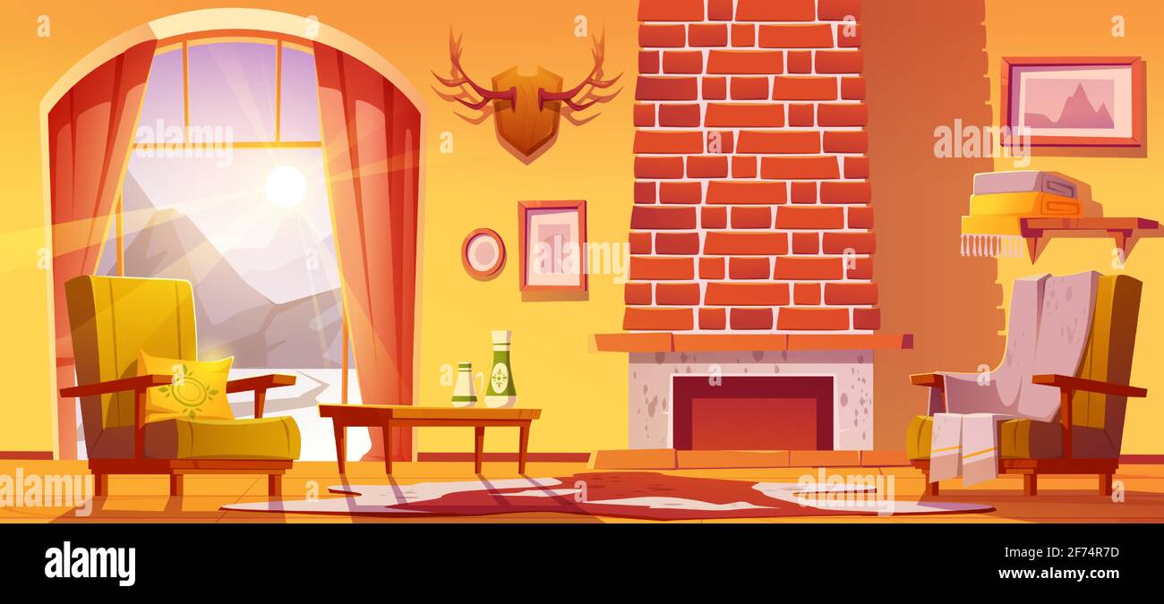 Chalet interno casa con camino e montagne dietro la finestra. Cartoni animati vettoriali illustrazione di Lodge tradizionale, cottage di montagna soggiorno con sedie e corna sulla parete Illustrazione Vettoriale