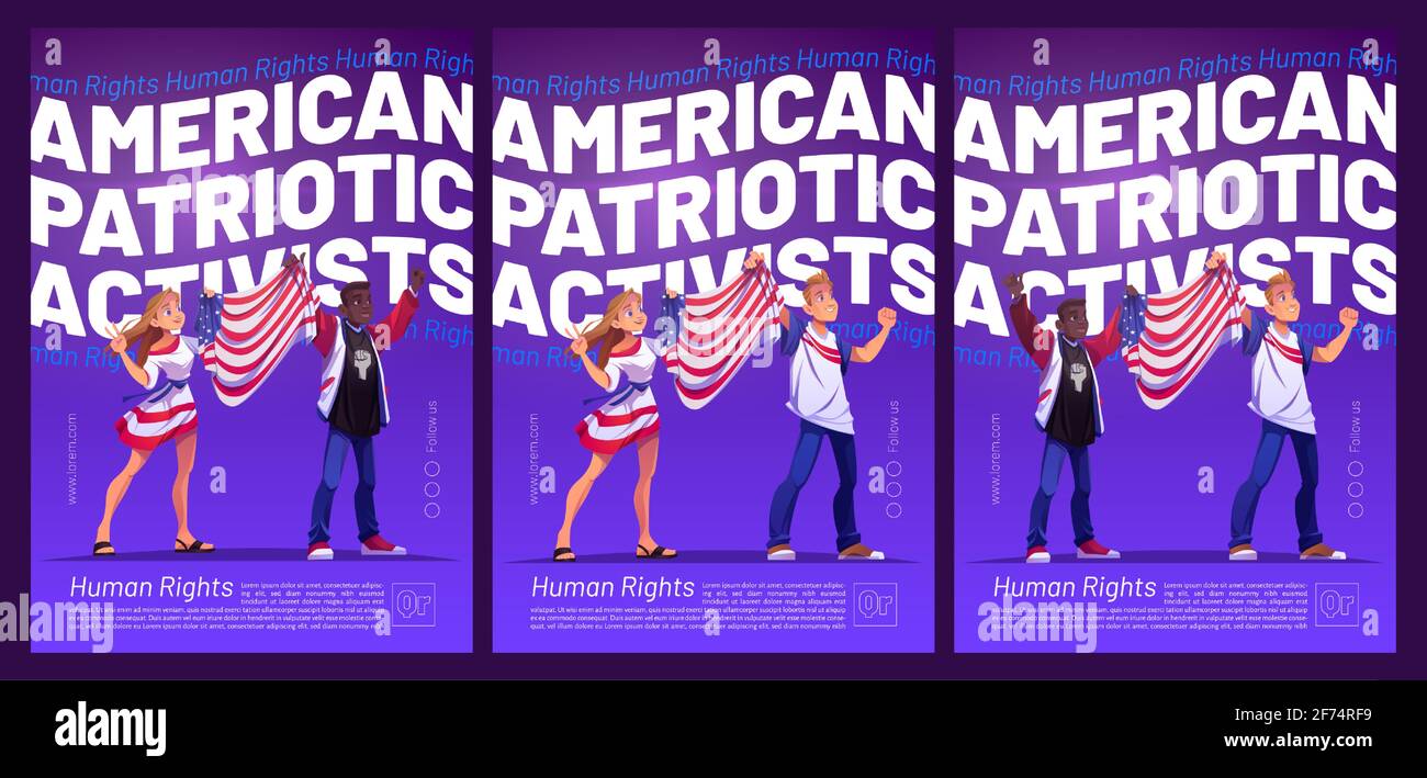 Manifesto degli attivisti patriottici americani con persone che detengono la bandiera degli Stati Uniti. Volantini vettoriali con cartoni animati illustrazione di donna e afroamericano sulla dimostrazione per i diritti umani Illustrazione Vettoriale