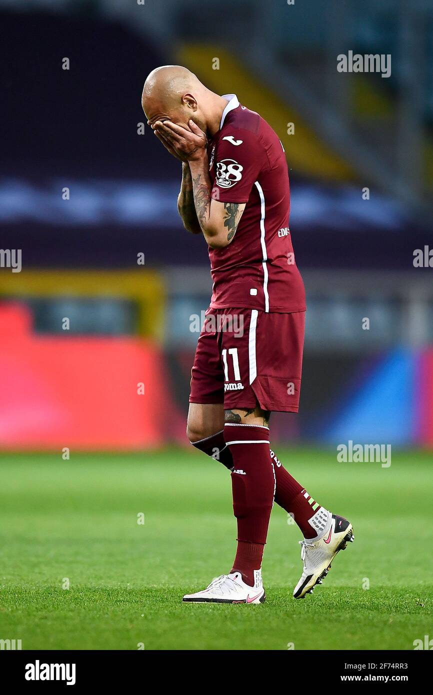 Torino, Italia - 03 aprile 2021: Simone Zaza del Torino FC si presenta  smentito durante la serie A, una partita di calcio tra Torino FC e Juventus  FC. La partita terminò il