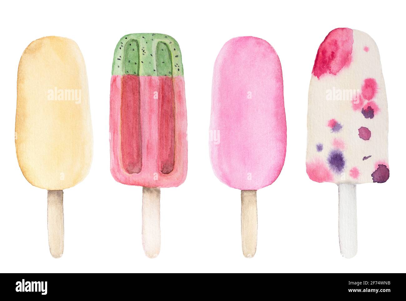Acquerello disegno gelati su bastone isolato su sfondo bianco. Dessert estivo freddo con cocomero. Popsicle rosa di frutta con bacche. Vanil giallo Foto Stock