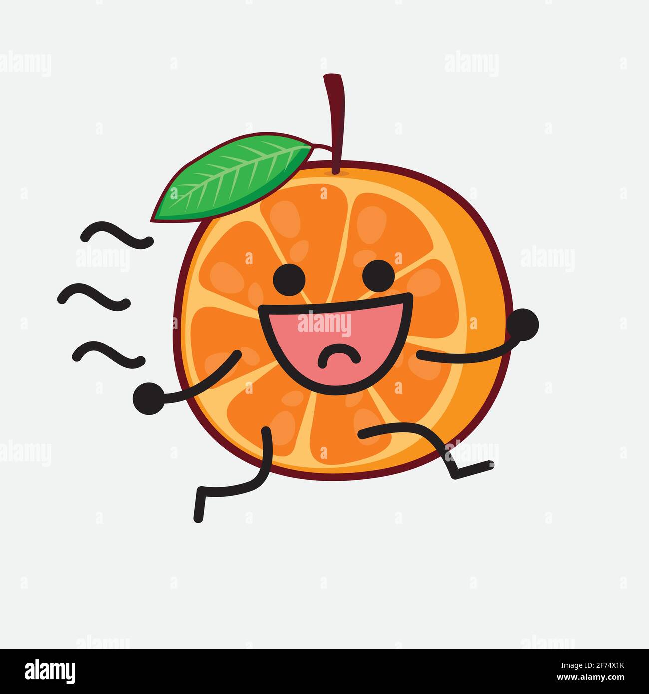 Illustrazione vettoriale del carattere arancione a fette con il viso carino, le mani semplici e la linea di arti delle gambe su sfondo isolato. Stile doodle a fumetti piatti. Illustrazione Vettoriale