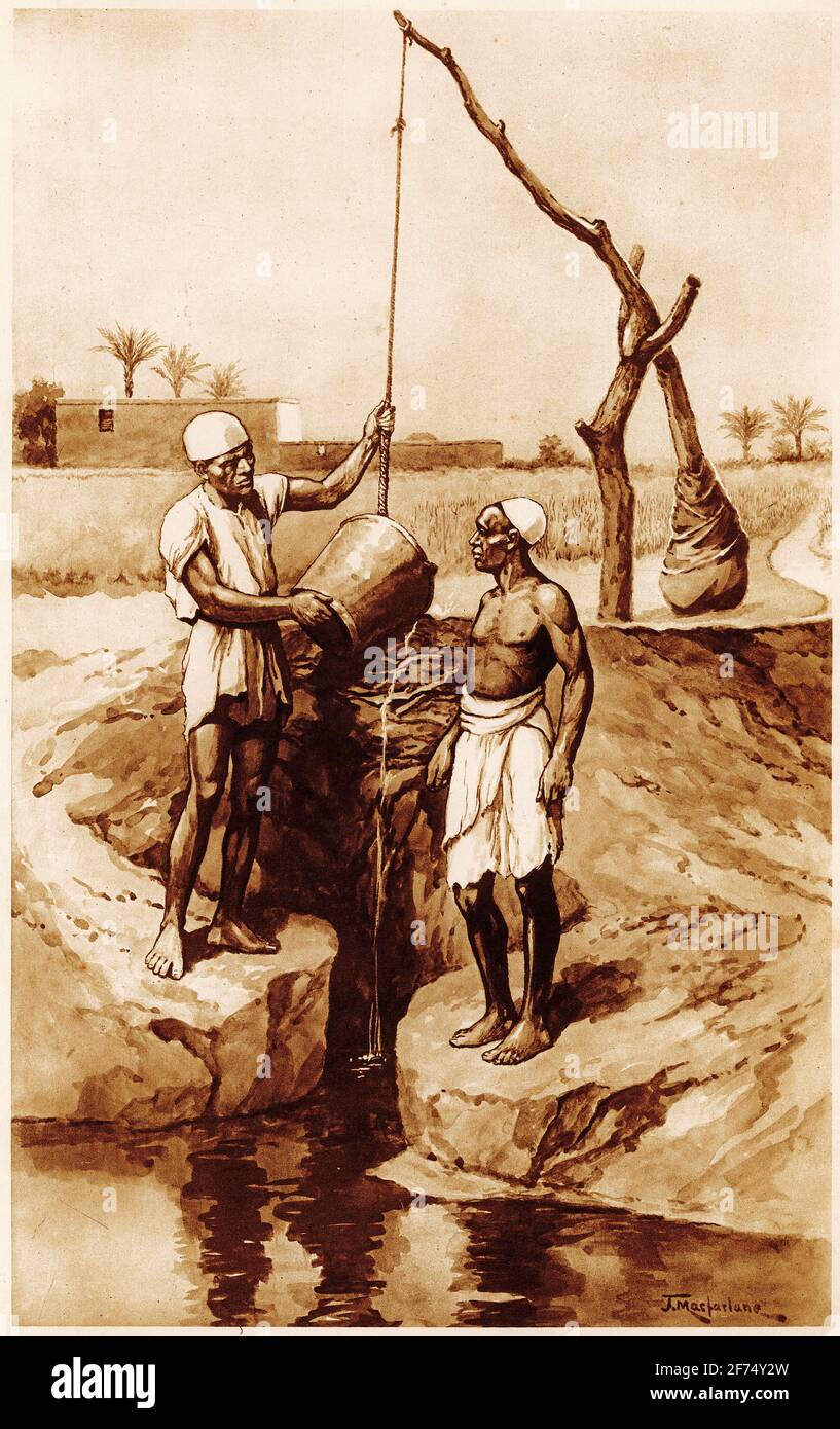 Illustrazione di uomini che usano un ombrodo per irrigare le colture nell'antico Egitto da una serie di manifesti scolastici utilizzati per gli studi sociali, c 1930 Foto Stock