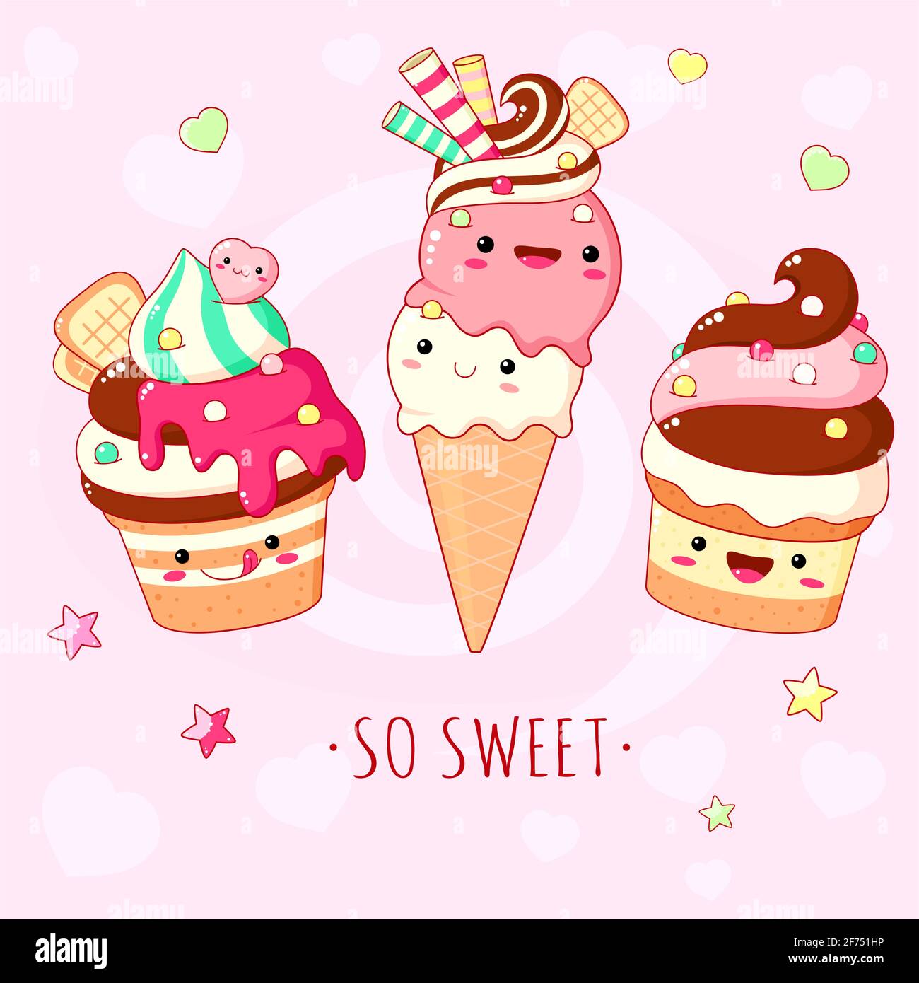 Sfondo divertente con deliziosi cibi dolci - gelato, torta e cupcake. Dessert in stile kawaii con viso sorridente e guance rosa. Iscrizione così dolce Illustrazione Vettoriale