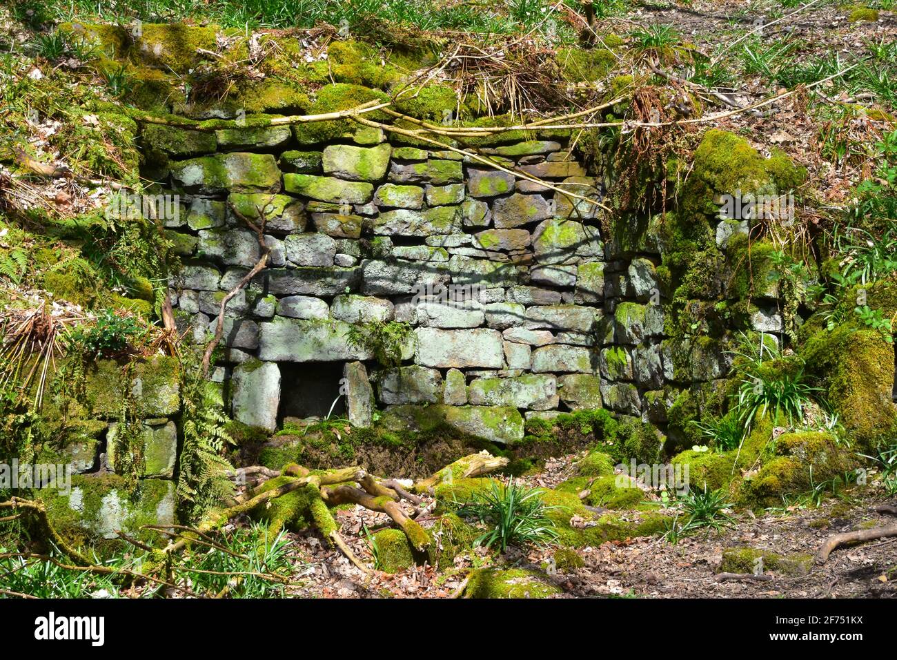 Pietra terrena Camino per bruciare carbone, Hardcastle Crags, National Trust, Hebden Bridge, West Yorkshire Foto Stock