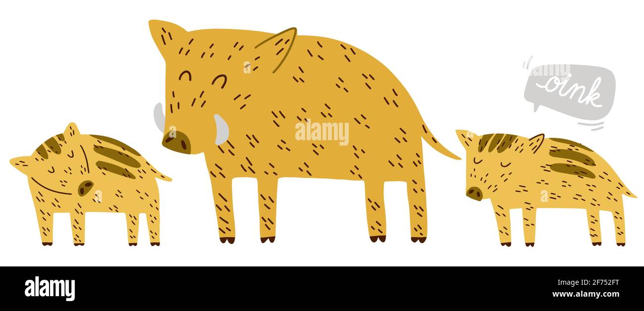 Carino papà della famiglia Boar e porcellini disegnati a mano illustrazione vettoriale stile scandinavo Illustrazione Vettoriale