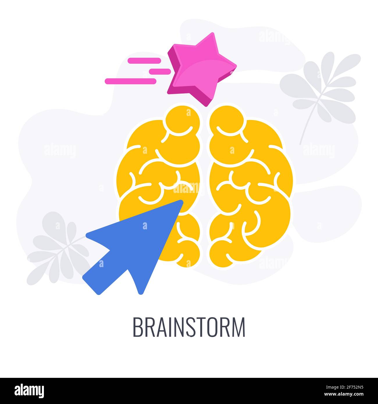 Icone di brainstorming. La freccia del cursore punta a un'icona gialla del cervello. Illustrazione Vettoriale