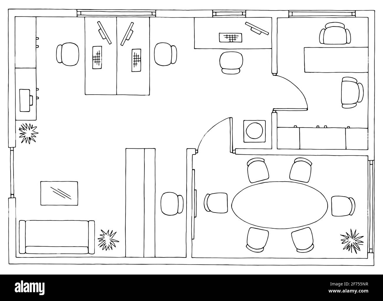 Piano ufficio architettura pavimento arredamento interno grafico bianco nero schizzo vettore di illustrazione Illustrazione Vettoriale