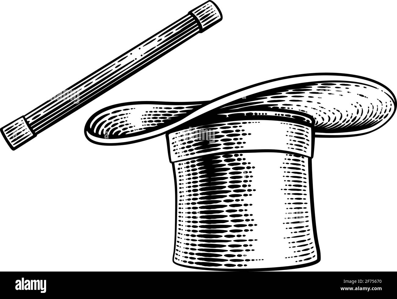 Magic Wand e Magician Top Hat Woodcut disegno Illustrazione Vettoriale
