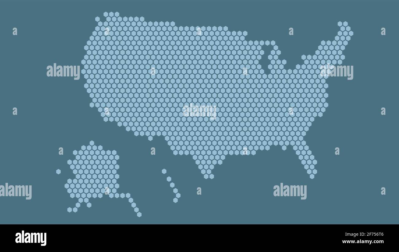 Mappa pixel esagonale blu degli Stati Uniti. Illustrazione vettoriale degli Stati Uniti Mappa esagonale mosaico punteggiato. Confine amministrativo americano, composizione del terreno. Illustrazione Vettoriale