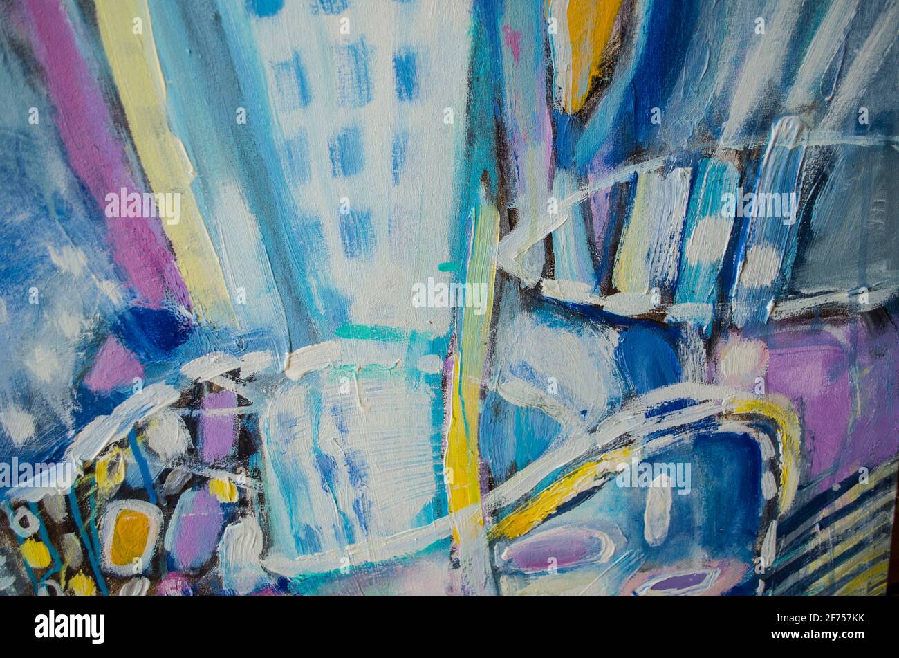 Disegnata a mano di pittura acrilica. L'arte astratta sfondo. Pittura Acrilica su tela di canapa. Colore e struttura. Frammento di opere d'arte. Pennellate di vernice. Ar moderno Foto Stock