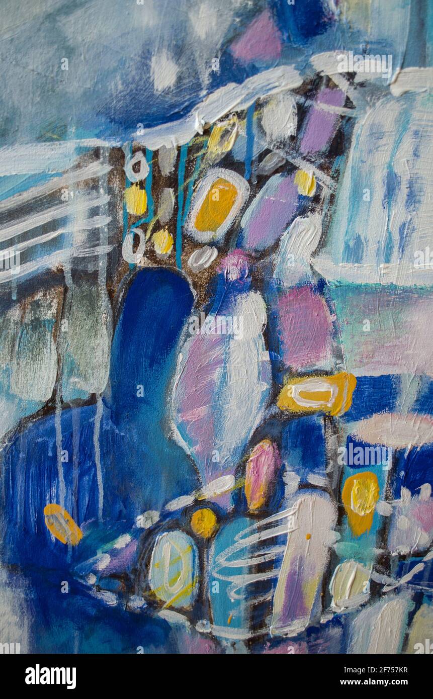Disegnata a mano di pittura acrilica. L'arte astratta sfondo. Pittura Acrilica su tela di canapa. Colore e struttura. Frammento di opere d'arte. Pennellate di vernice. Ar moderno Foto Stock